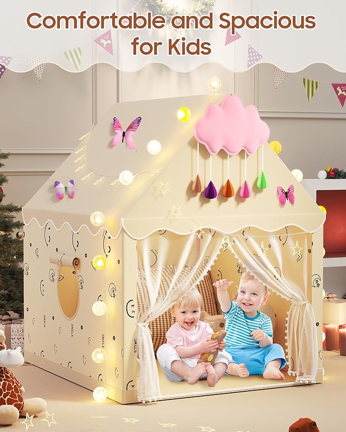 Kids Play Tent, Princess Tent Indoor Playhouse Set with Star Lights, Ball Lights, Colorful Flags, Butterflies, Clouds - Large Tents for Kids Toddle Castle for Girls Toy House Gift