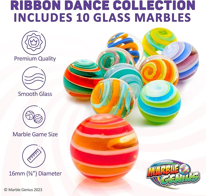 Marble Genius Collectors Marbles, Ribbons, 16mm (⅝ Inch), 10 Handmade Glass Marbles, Gifts for Marble Lovers, Gifts for Kids Ages 3+