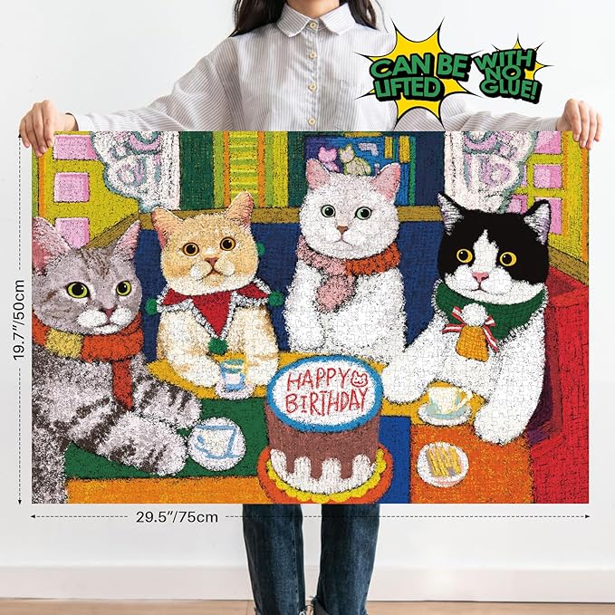 MOMIBOOK Puzzles for Adults 1000 Pieces Jigsaw Puzzles of Cat Meow Birthday Party, Painting Image Animal Difficult Challenging Hard Impossible Puzzle Unique Funny Party Christmas Birthday Gifts