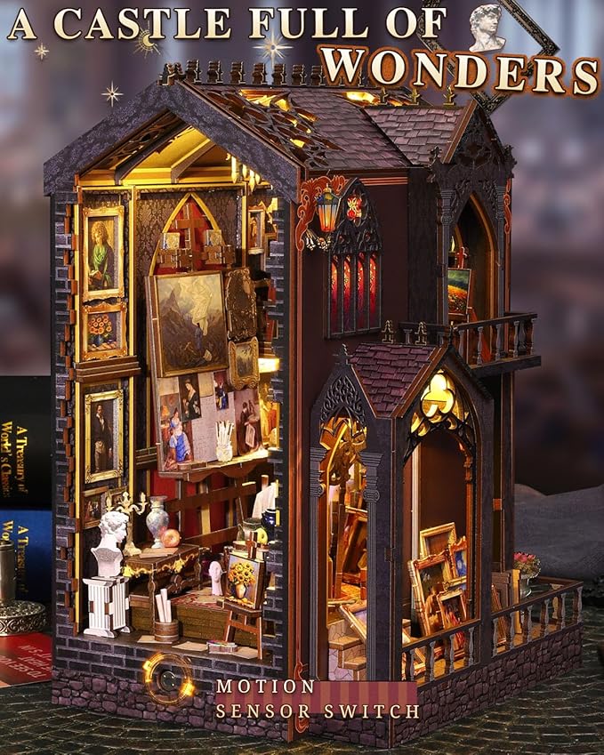 Book Nook Kit – Wonder Studio, DIY Miniature Booknook House with LED Lights, 3D Wooden Puzzle for Adults & Teens, Bookshelf Decor Gift for Family, Friends
