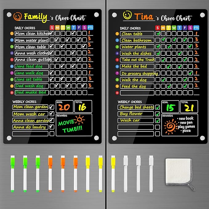 PigPotParty Black Acrylic Magnetic Chore Chart for Multiple Kids, 12"x16" Reward Responsibility Chart, 2 Pcs Daily Weekly Dry Erase Fridge Chore Board Checklist for Teens Adult, w/ 12 Markers & Towel