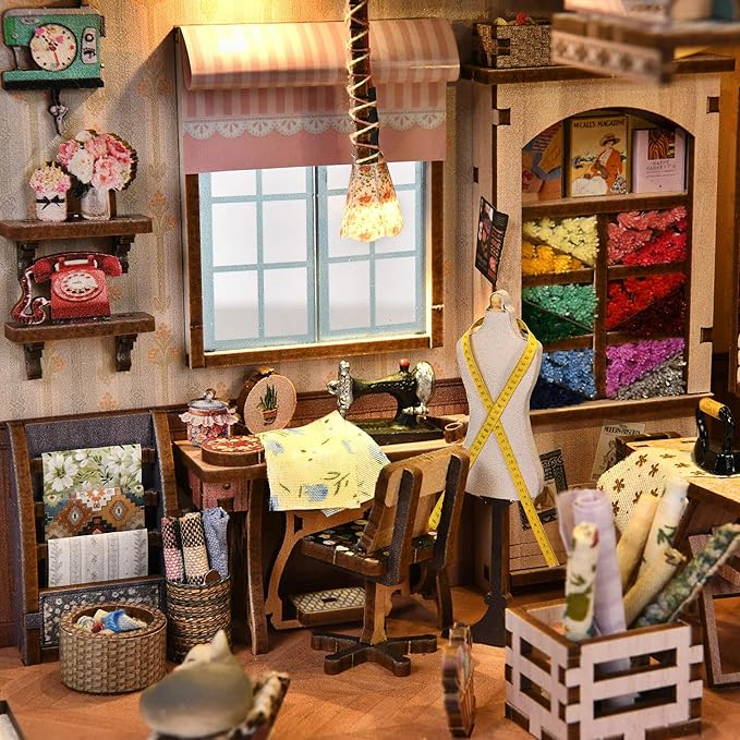 Book Nook Kit - DIY Miniature House Dollhouse Kit for Adults and Teens, Booknook Tiny House Bookshelf Decor 3D Wooden Puzzle, Gifts for Family Friends (Sewing Room)