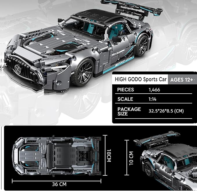 HIGH GODO Racing Car Building Kit for Adults,1:14 MOC Super Sports Car Building Blocks Construction Sets, Buildable Supercar Model for Kids Gift Giving or Collection(1466pcs)