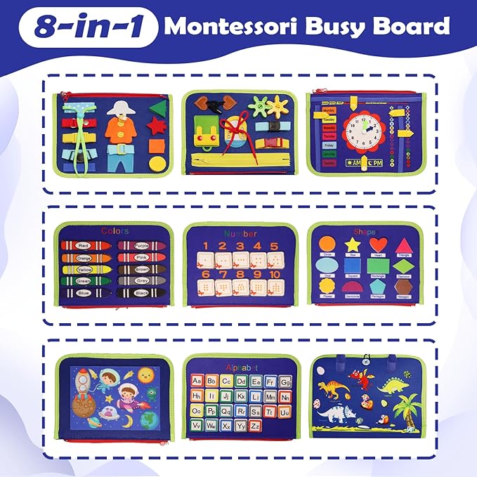 MAJAVI Toddler Busy Board Montessori Toys for 1 2 3 4 Year Old, Busy Book Sensory Educational Activities for Learning Fine Motor Skills, Gifts for Girls Boys, Travel Toys for Airplane Car, Dark Blue
