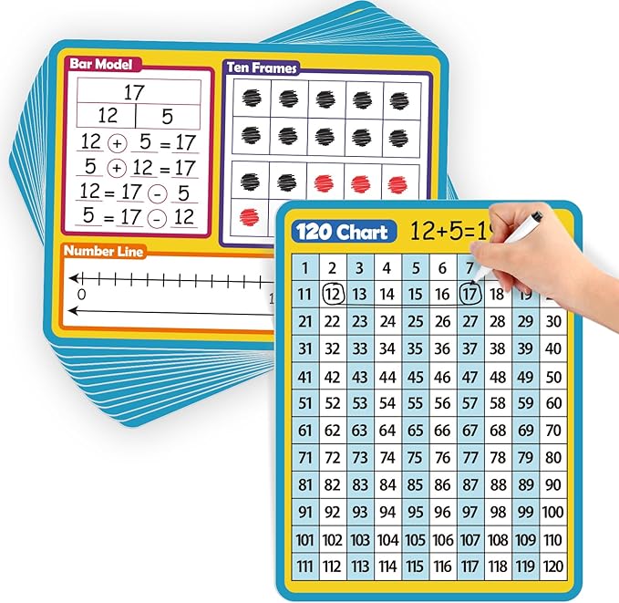 Aizweb 12 Pack Dry Erase Board Card,9" x 12" Small Whiteboard Number Line 120 Numbers Chart Ten Frame,Math Manipulatives Addition Subtraction Game for Student Classroom Must Haves Teacher Supplies