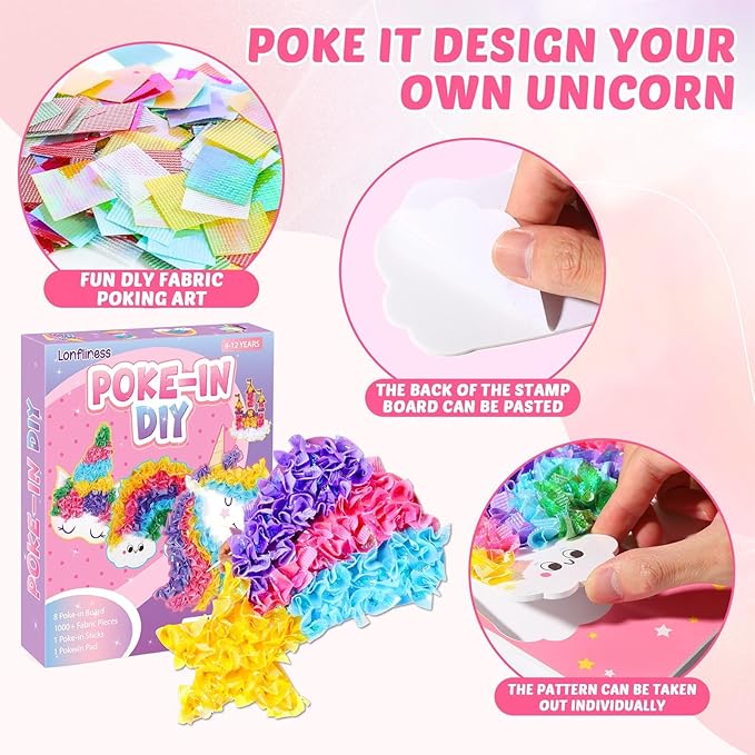 8PCS Poke-in Craft and Art Kit for Kid Unicorn Theme No-Mess Fabric Sewing Art Girls Boys 4-12 Puzzle Puncture Painting DIY Pastel Rainbow Toy Gift for Creative Activity Game Birthday Party