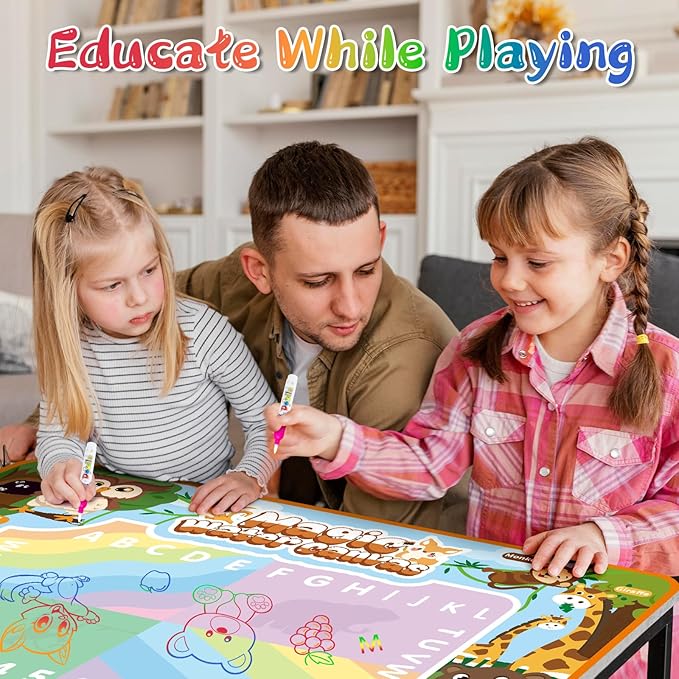 Water Doodle Mat Kids Mess Free Coloring for Toddlers 3 4 5 6 7 8 9 Years, 19 Pack Educational Toys, Doodle Mat with Magic Water Pens
