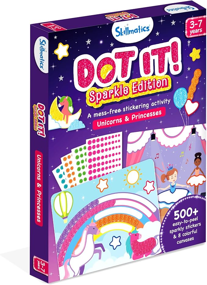 Skillmatics Dot It Art - Unicorns & Princesses, 500+ Sparkly Stickers, Mess-Free Fun for Kids, Stocking Stuffers, DIY Scrapbooking Craft Kits, Travel Toys, Christmas Gifts for Ages 3, 4, 5, 6, 7