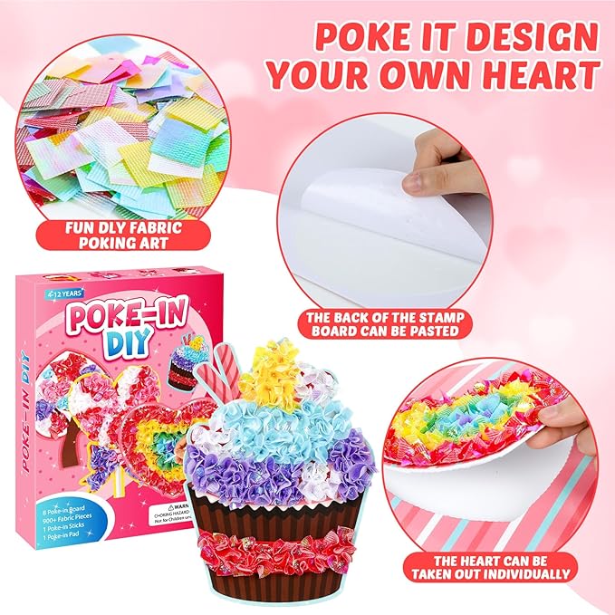 8PCS Poke-in Craft and Art Kit for Kids Heart Monster Dessert No-Mess Fabric Sewing Art Girls Boys 4-12 Puzzle Puncture Painting Toy Gift Mom Valentine Creative Activity Game Birthday Party