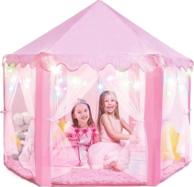 PLAYVIBE Princess Tent - 55 x 53 in, Toddler - Starry LED Lights Kids Tent - Cozy Indoor Playhouse - Portable & Easy Assembly Toddler Playhouse