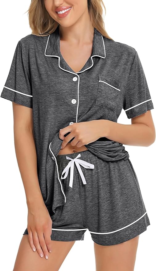 SWOMOG Womens Button Down Pajamas Set Short Sleeve Sleepwear Bride Soft Pj Lounge Sets XS-3XL