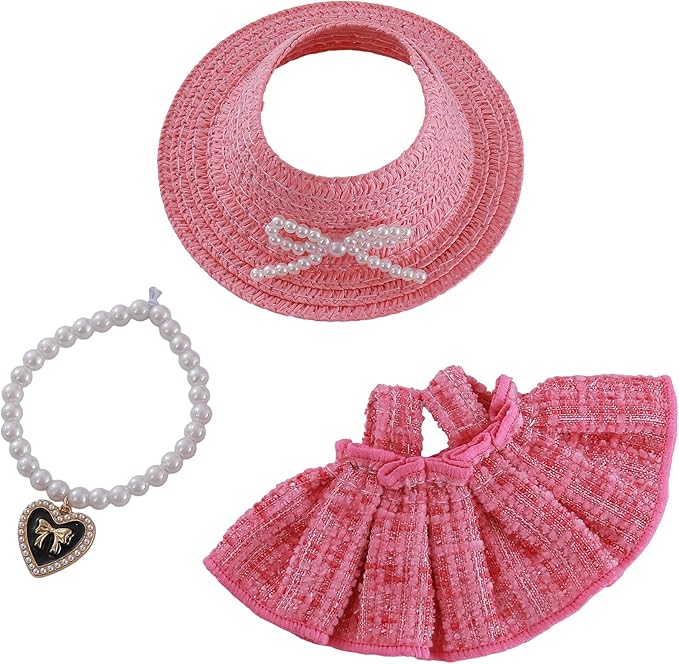 17cm Doll Clothes Set 3-Piece Pink Outfit Set with Pink Dress Necklace Hat Accessories for 17cm Plush Dolls, Clothes Only, No Doll Included