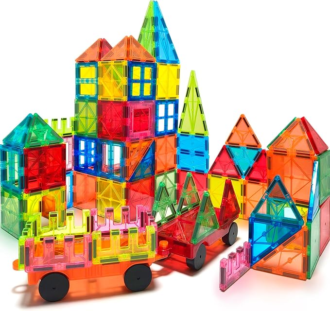 100PCS Magnetic Tiles Blocks for Kids Ages 3-5 4-8 with 2 Cars,STEM Learning Educational Preschool Magnet Building Toys for Toddlers,Christmas Birthday Gifts Toys for 3 4 5 6 7 8+ Year Old Boys Girls