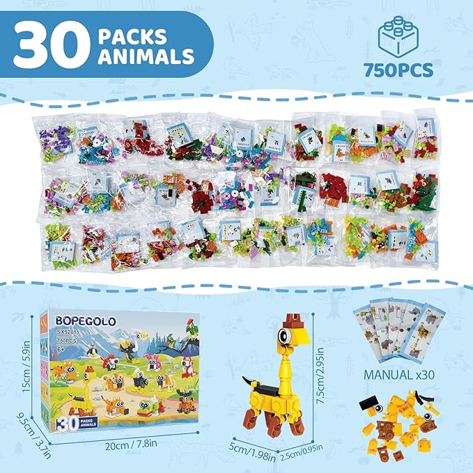 30 Pack Party Favors Building Set for Kids, 750 Pcs Mini Animal 3-in-1 Building Block Kit Sets, Goodie Bags Stuffers for Kids Classroom Prizes Birthday, Best Gifts for Boys Girls Ages 6+