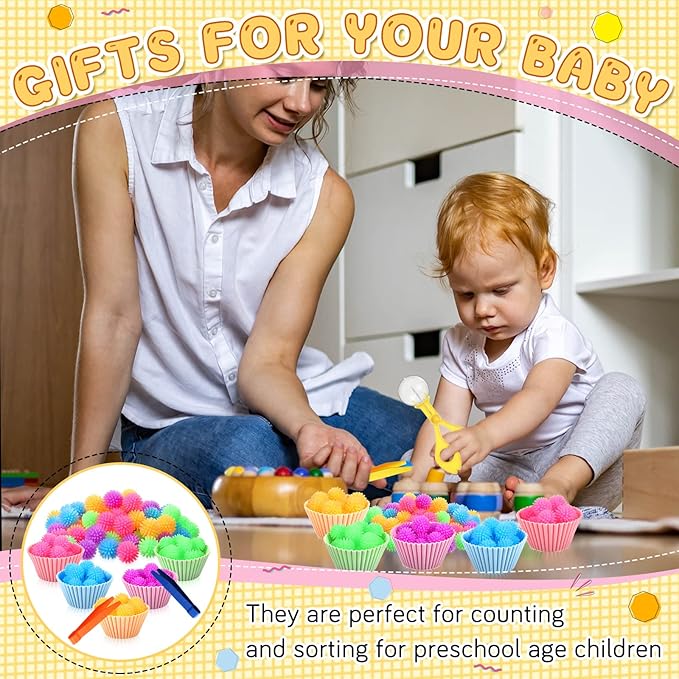 91 Pcs Fine Motor Skill Toys Include 75 Spiky Hedge Balls, 2 Scissors Clips, 4 Plastic Tweezers, 10 Assorted Colors Sorting Silicone Cups for Early Education Counting Skill Training