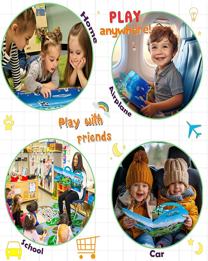 2pack Reusable Sticker Books for Kids 2-4,Vehicle Cars & Animals 3D Jelly Stickers Activity Busy Book for Toddlers Boys Girls Road Trip Airplane Train Car Travel Essentials Toy - 112pcs Stickers