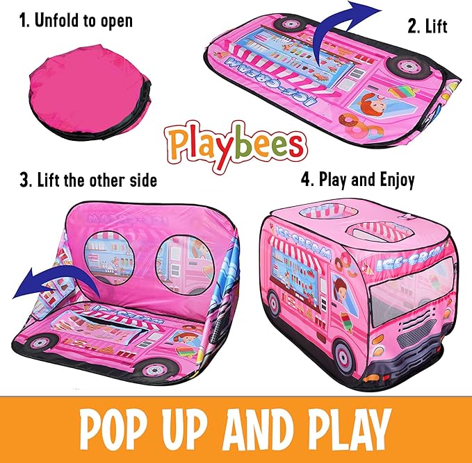Playbees Musical Ice Cream Truck Pop Up Play Tent with 3 Openings - Tent for Toddlers - Indoor & Outdoor - Pop Up Tents for Kids - Includes Carry Bag and Sound Button- 43.5x28x26.5 Inch
