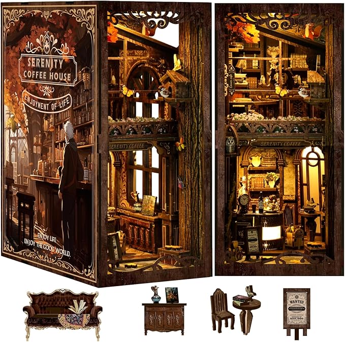 DIY Book Nook Kit 3D Puzzles for Adults Miniature House Kit Wooden Bookends Booknook Bookshelf Insert Decor with LED Lights Wood Crafts Gifts for Book Lovers - Serenity Coffee House