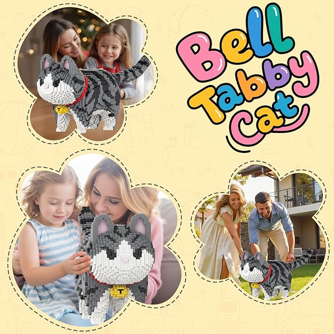 Animal Gray Striped Bell Cat Micro Mini Building Blocks Sets Large Cute Cat Building Kits Model Toys Gift for Adults Kids Teens 6500 PCS
