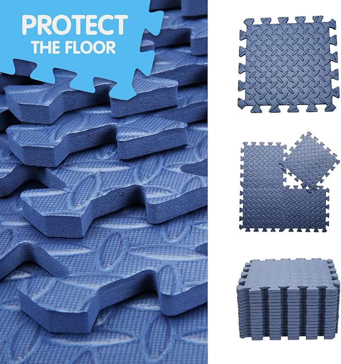 Coolcandy EVA Foam Play Mat, 16 Tiles Colorful Baby Play Mat, Square Kids Playmat with Solid Colored, 0.4" Thickened Interlocking Foam Floor Tiles, Puzzle Play Mat for Baby Lying, Playing (Navy Blue)