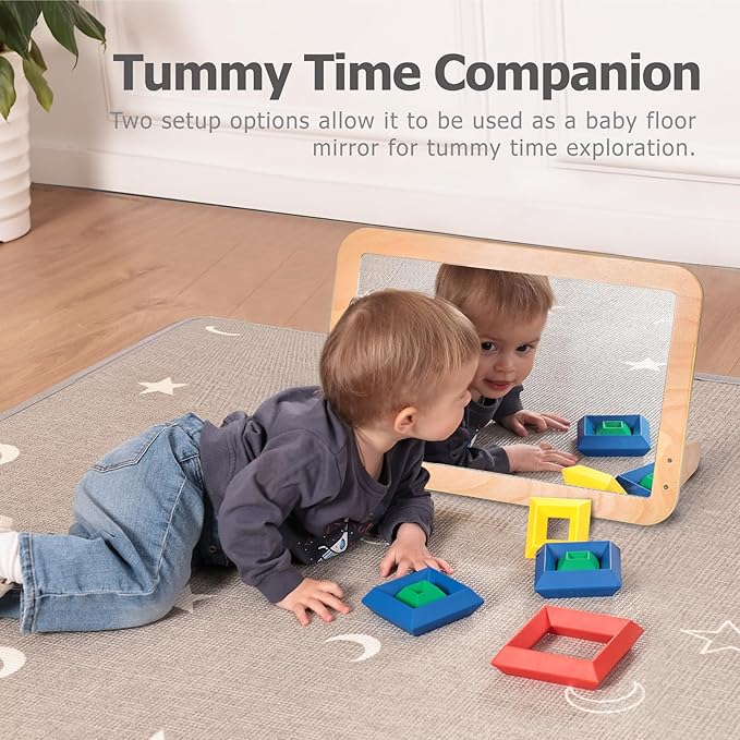 Montessori Baby 2-in-1 Shatterproof Safety Mirror with Pull-Up Bar - Infant Wall Mount & Floor Play for Tummy Time (6-18 Months)