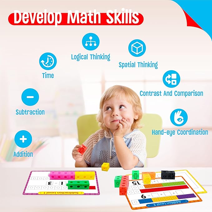 Math Linking Cubes, 100 Math Cube Manipulatives with 30 Learning Activities Plus 192 Reusable Stickers, Number Counting Blocks Snap Linking Math Counters, Fun & Educational Pre-K Counting Blocks