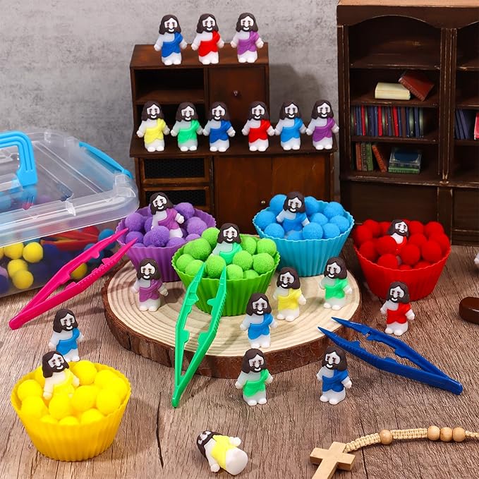 235 Pcs Jesus Sensory Bin Filler Fine Motor Toys Counting Sorting 200 Felt Pompoms 24 Mini Jesus Figures 5 Tweezers 5 Silicone Plates 1 Storage Box, for Counting Sorting Christian Gifts Fillers