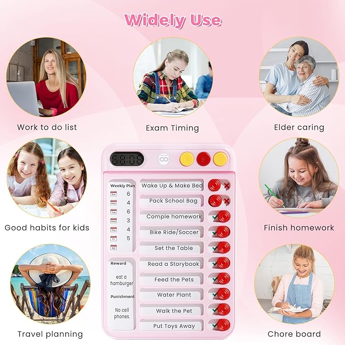 Magnetic Chore Chart for Kids with Time Timer, 99-Min Countdown/Up Visual Timer, Dry-Erase Reward Chart with Sliders, to Do List & Routine Checklist, Visual Schedule Board for ADHD & Autism (Pink)