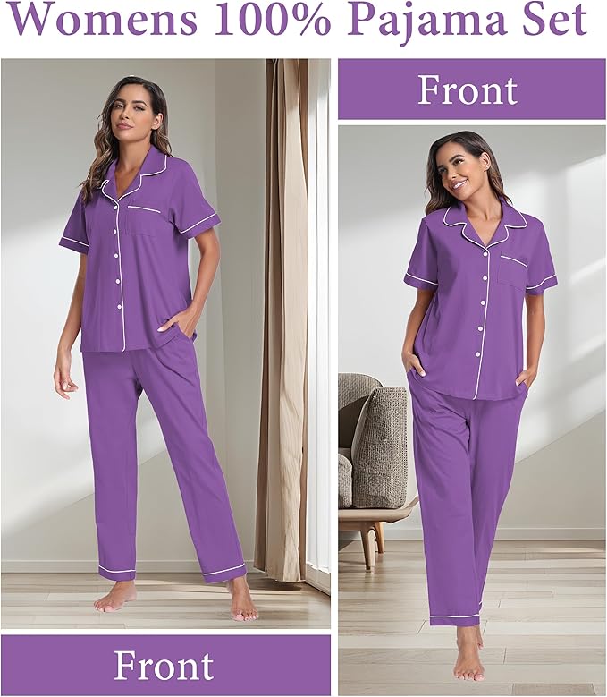 CF Womens 100% Cotton Pajamas Set Button Down Pjs Sets Short Sleeve Top & Long Pants Sleepwear Comfy Loungewear with Pockets