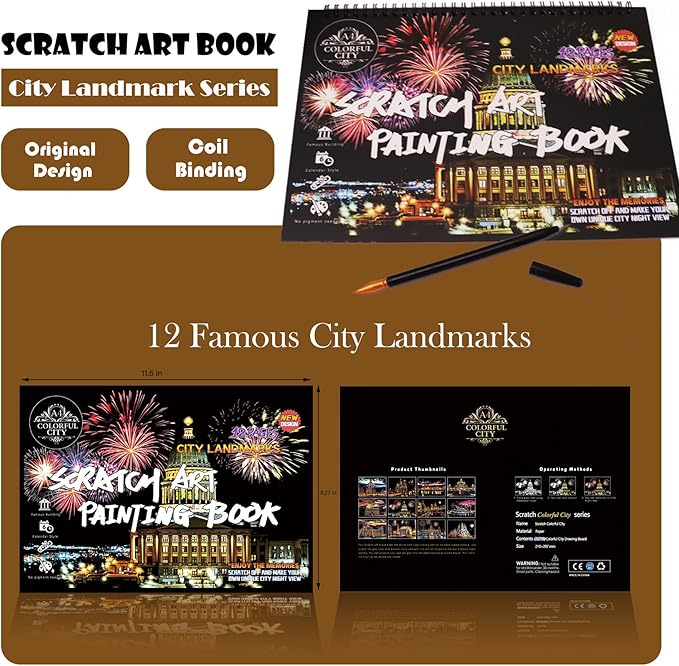 Scratch Art Book for Adults - 12PCS Scratch Painting Foil Art for Adults Scratch City Series Books Foil Engraving Scratch Art Adult Set with 6 Tools