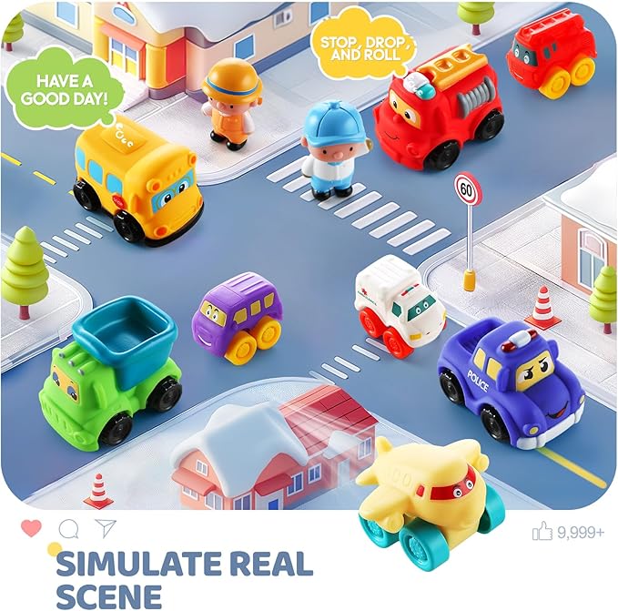 Soft Rubber Toy Figure Car for 1 Year Old Boy with Playmat (Storage Bag)|12 PCS Cartoon Cars Baby Toys for 12-18 Months & Toddler Age 1-2|First Birthday, Valentine Gift for 1 2 3 Year Old Boy