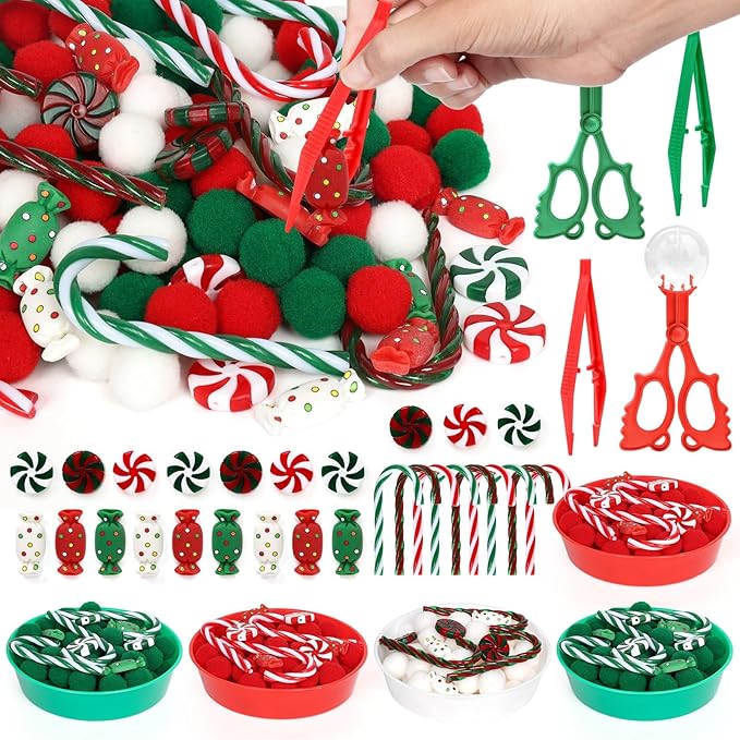 136 Pcs Christmas Sensory Bin Items Candy Cane Counting Sorting Sensory Bin Filler Fine Motor Toys Candy Cane Counts for Kids Xmas Counting Toys for Preschool Education Activities