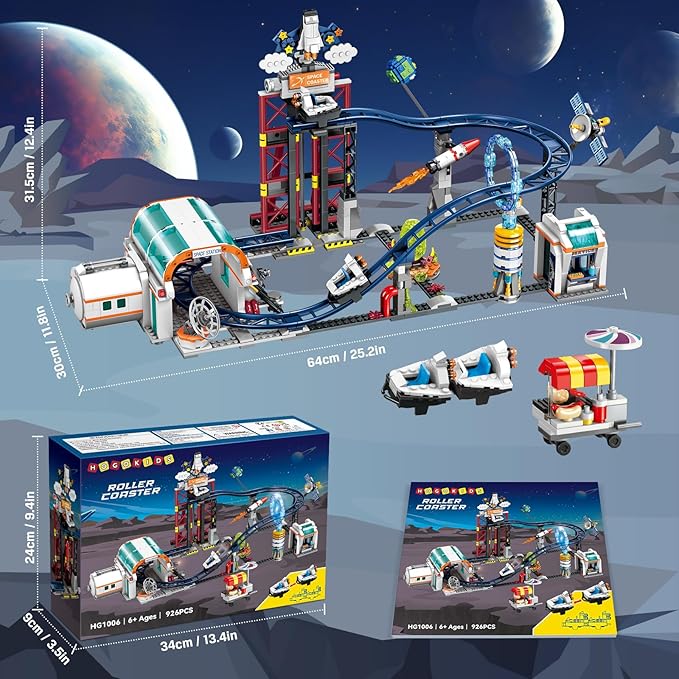 HOGOKIDS Space Roller Coaster Building Toy - 926PCS Coaster Building Set Features Lift Platform, Satellites, Rocket Buildable Space Rollercoaster Adventure Park for Adults Kids Girl Boy Ages 8+