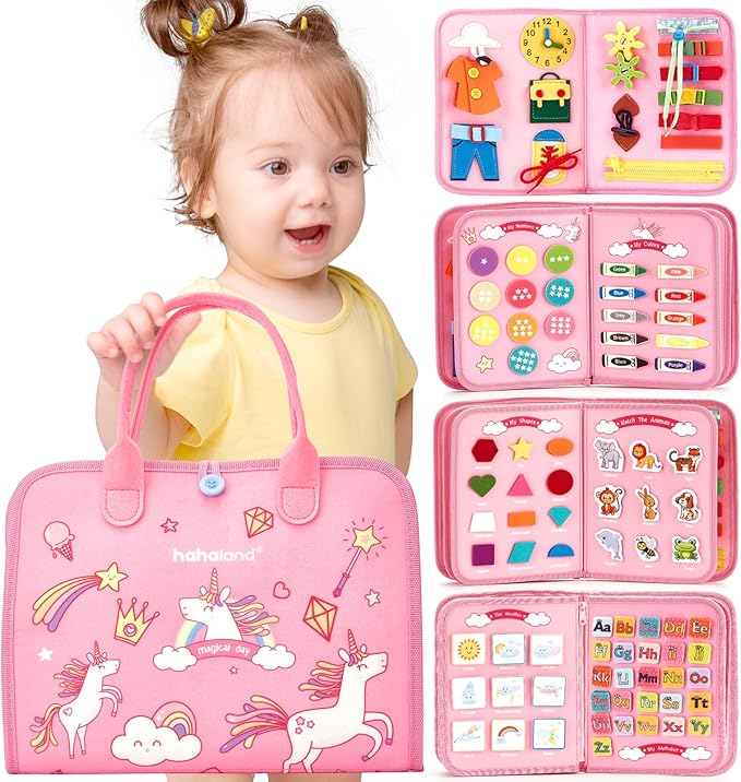 hahaland Toddler Busy Board Montessori Toys, 3 Year Old Girl Gifts Preschool Educational Learning Toys with Life Skills, Alphabet, Number, Shape, Color, Toddler Girl Stocking Stuffers Travel Busy Book