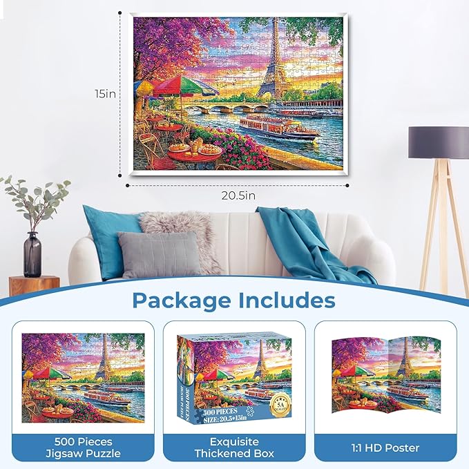Puzzles for Adults 500 Pieces,Eiffel Tower Paris & Ship Puzzle for Adult,Recycled Cardboar Jigsaw Puzzles 500 Pieces for Kids Adults Seniors,Puzzles for Family Game Nights, 20.5 x 15 in