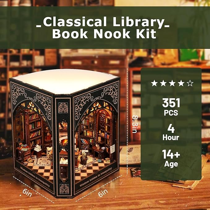 Book Nook Kit,Type-C Charging Dollhouse for Bookshelf, Desk, Shelf, and Nightstand Decor, Perfect for Home Decor and Gifts (Classical Library)