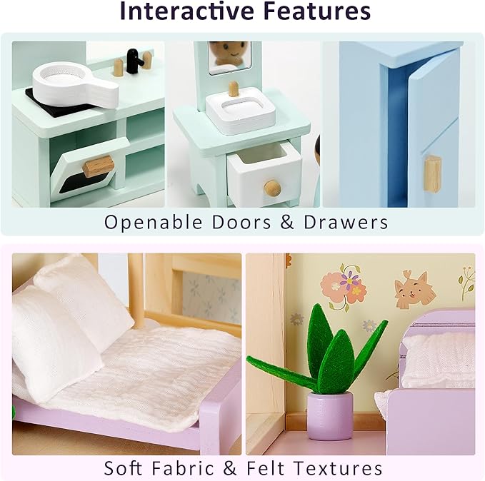 Wooden Dollhouse Furniture Set, 36Pcs Dollhouse Accessories for 6 Rooms, Full‑Home Pretend Play Furniture Toys, Birthday Gift for Toddlers Age 3+