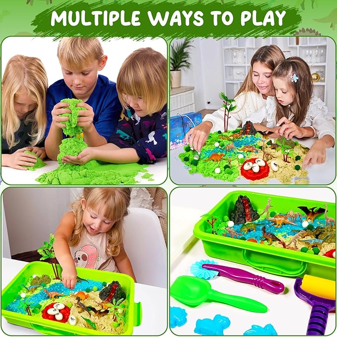 Bbiamsleep Dinosaur Sensory Bin, 147 Pcs Dinosaurs Sand Kit with Sandbox 2.2 lbs Color Sensory Sand 10 Dinosaur Mould 9 Tools Dinosaur Sensory Bin Fillers for Birthday Party