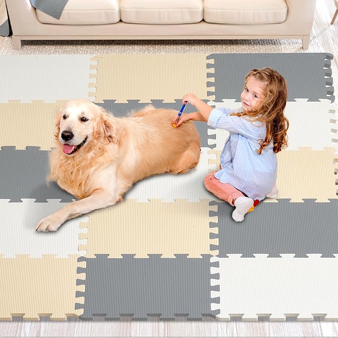 VEVOR 16-Tile Kids Play Mat, 0.4" EVA Foam, 12" x 12" Puzzle Mat, Interlocking Mats for Play Room, Nursery, Living Room, Camel, Gray, Beige