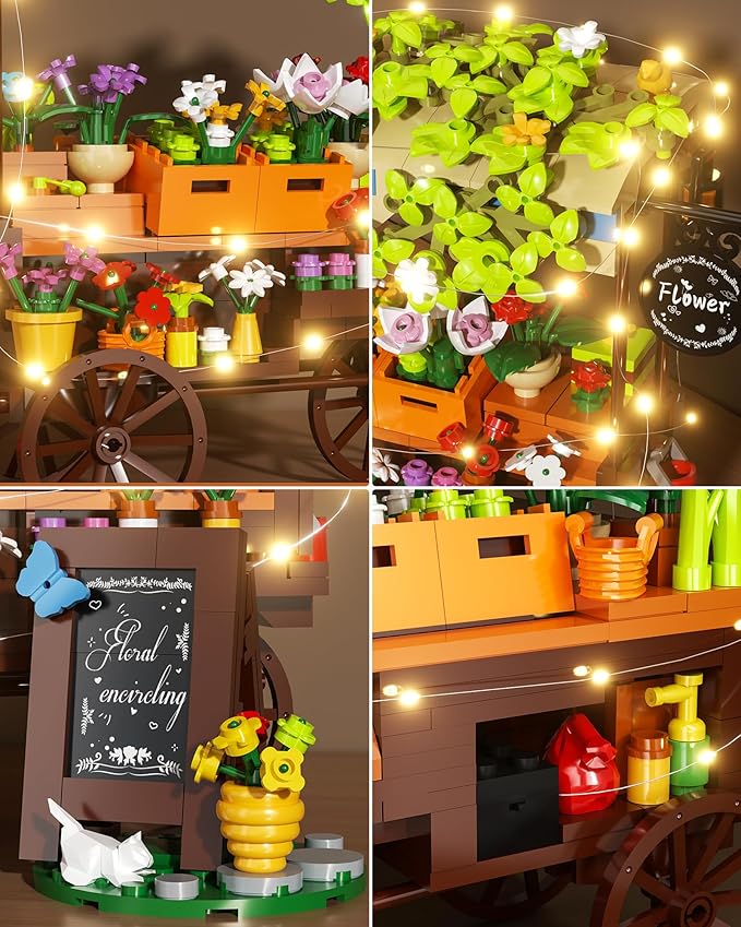 Flower Cart Building Set with LED Strips, Car Shop with Flower Bonsai and Plants Building Kits, Flower Tools and Signs Home Desk Decor Ideas Gifts for Kids 6+