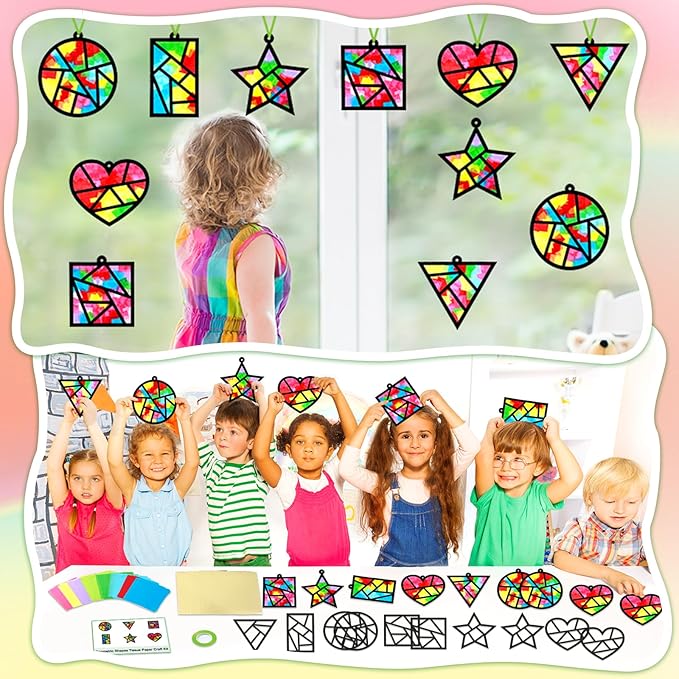 Qyeahkj 36 Set Geometric Shapes Suncatcher Crafts for Kids DIY Star Window Tissue Paper Craft Kit Triangle Heart Hanging Decor for Summer School Home Activity Art Project Birthday Party Favor Gift