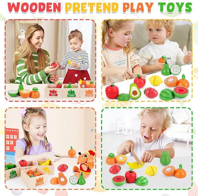 ATOYUS Wooden Play Food Set Toys for Toddlers 1-3, Kids Toy Play Kitchen Accessories, Cutting Fruits Pretend Food with Storage Boxes, Christmas Birthday Gifts for 1 2 3 Year Old Baby Boys Girls
