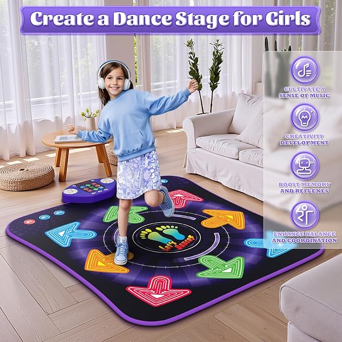 Dance Mat Toys for 3-12 Year Old Kids, Kids Dance Mat with Light-up 8-Button Wireless Bluetooth, Dance Pad Toy with 5 Game Modes, Christmas Birthday Toys Gifts for 3 4 5 6 7 8 9 10+ Year Old Girls