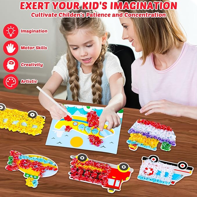 8PCS Poke-in Craft and Art Kit for Kid Transportation Vehicle Theme No-Mess Fabric Sewing Art Girl Boy 4-12 Puzzle Puncture Painting Truck Car Toy Gift Creative Activity Game Birthday Party