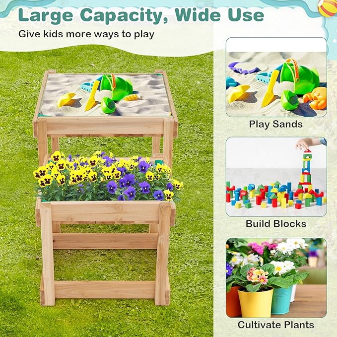 Costzon 2 PCS Wood Kids Sensory Table with Protective Cover, Built-in Liner, Space-Saving Nesting Design for Yard, Garden, Beach, Outdoor Play, Sand and Water Table for Children