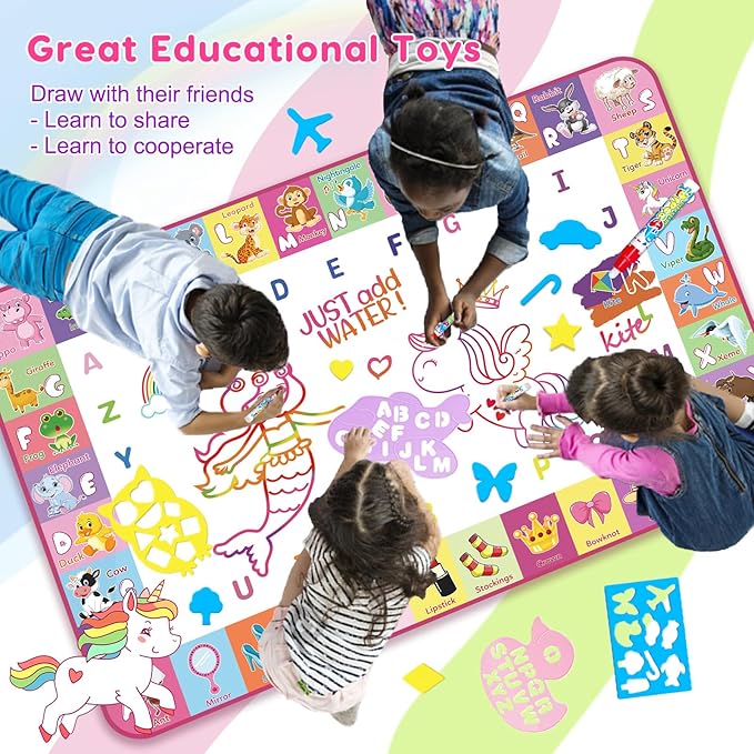 Toddlers Toys Water Doodle Mat: 48 X 32 Inch Large Mess Free Coloring & Drawing Mat - Instant Drying - Kids Educational Toys for Girls Age 3-5 Home Activities - Birthday/Christmas Gifts for Girls Boys