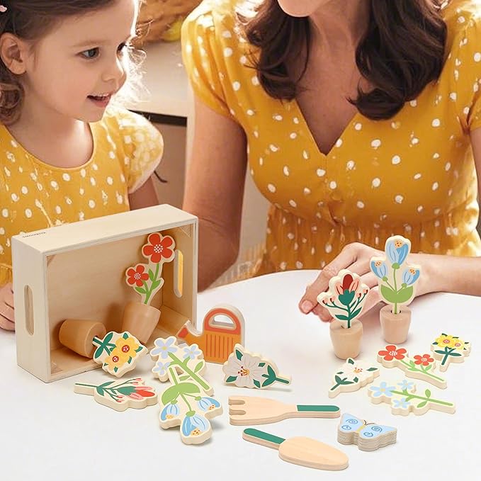 Wooden Toy Flower Garden Set Natural Gardening Toy Playset for Toddlers Pretend Play Blossom Flowerpot Educational Learning Toy for Girls Boys 3 Years and Up