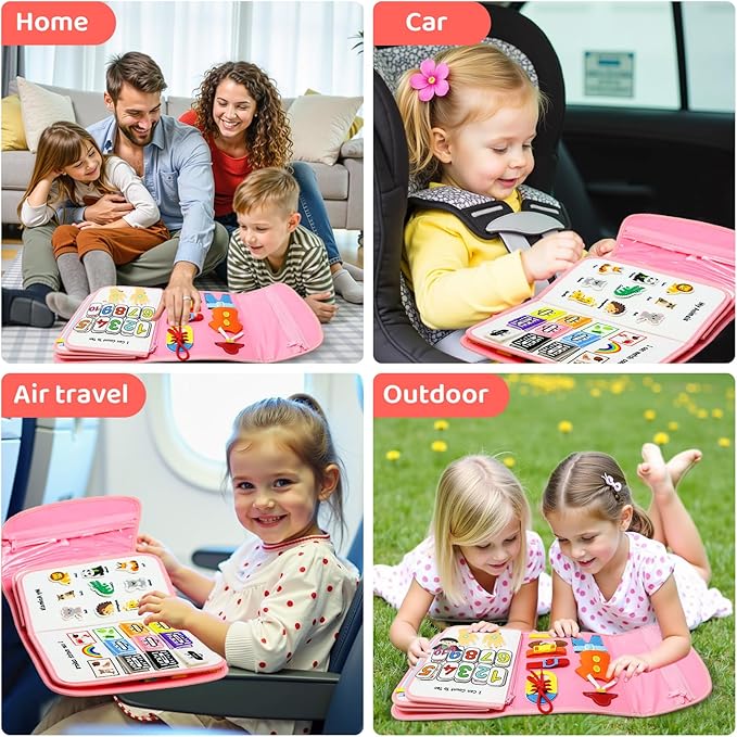 Busy Board Montessori Toys for Toddler,Busy Book - Sensory Preschool Learning Activities Educational Toys with Fine Motor Skills,Gift for Boys Girls,Travel Essentials for Plane Car (Pink)