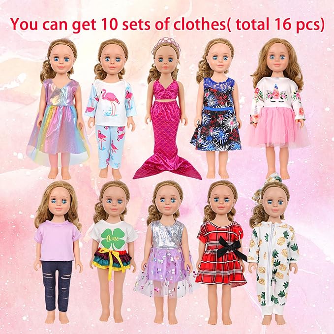 MSYO 10 Sets Doll Clothes for 17 - 18 Inch Dolls, 16 Pcs Fashion Outfits Variety Pack, Floral Dresses, Casual Wear & Pajamas, Girl Doll Dress - Up Set for Play & Gifting