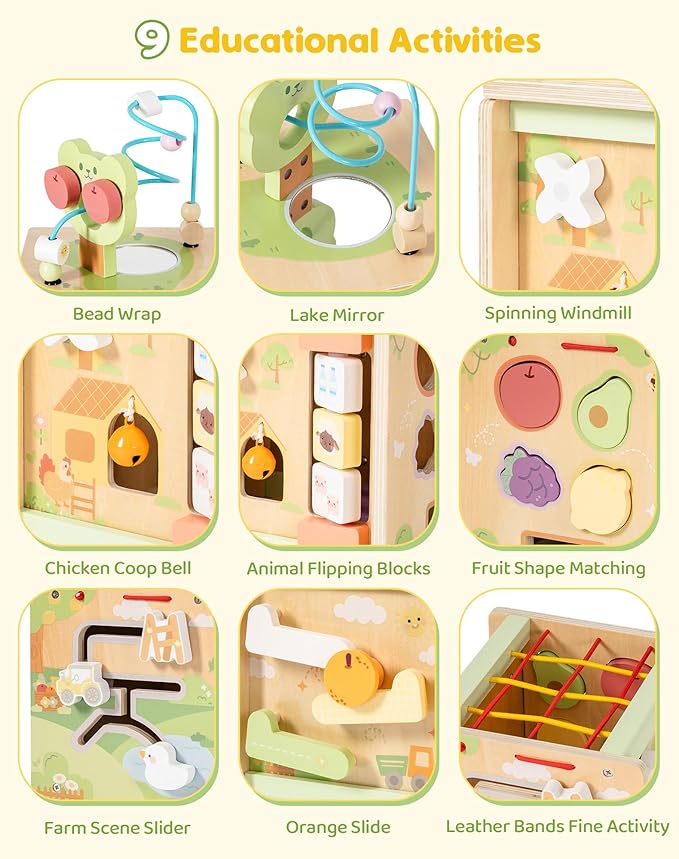ROBUD Wooden Activity Cube, Baby Activity Cube for 1 Year Old, Montessori Activity Cube with 9 Gams in 1 Toy, Educational Toys of Bear Orchard Busy Cube, JM52